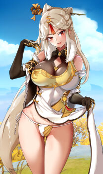 >:) 1girl artist_name bare_shoulders black_gloves blush breasts china_dress chinese_clothes claw_ring closed_mouth clothes_lift cloud cloudy_sky covered_navel cowboy_shot day dress dress_lift elbow_gloves foxyreine fur_collar genshin_impact gloves gluteal_fold hair_ornament hair_stick hand_up head_tilt highres large_breasts lifting_own_clothes ningguang_(genshin_impact) outdoors panties parted_bangs pelvic_curtain red_eyes red_lips side-tie_panties signature silver_hair sky sleeveless sleeveless_dress smile smug solo tassel thigh_gap thighs underwear v-shaped_eyebrows white_dress white_panties