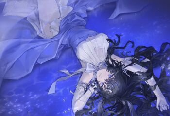 Rule 34 | 1girl, absurdres, alternate costume, arms up, black hair, blue background, blue dress, bow, bowtie, breasts, commentary request, cowboy shot, dress, elbow gloves, garter straps, glove ribbon, gloves, grin, hair spread out, highres, hima (neve918), isolde (reverse:1999), korean commentary, lace, lace-trimmed thighhighs, lace trim, large breasts, long dress, long hair, lying, on back, purple eyes, reverse:1999, ribbon, side slit, sleeveless, sleeveless dress, smile, solo, thighhighs, upside-down, white bow, white bowtie, white gloves, white ribbon, white thighhighs