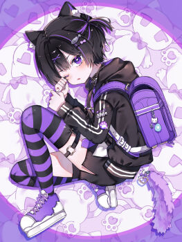Rule 34 | 1boy, animal ear fluff, animal ears, backpack, bag, black hair, black hoodie, black shorts, blush, cat, cat boy, cat ears, cat o-ring, cat tail, commentary, double-parted bangs, fang, fish hair ornament, from side, full body, hair between eyes, hair ornament, hands up, highres, hiro 0607, hood, hood down, hoodie, long sleeves, looking at viewer, male focus, multicolored hair, o-ring, o-ring thigh strap, one eye closed, one side up, open mouth, original, purple eyes, purple shoes, purple streaks, purple thighhighs, randoseru, shoes, short hair, shorts, sneakers, solo, streaked hair, striped clothes, striped thighhighs, tail, thigh strap, thighhighs, trap, x hair ornament