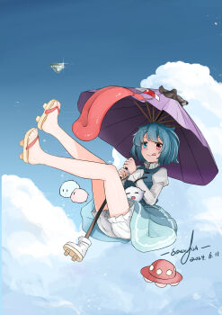 Rule 34 | 1girl, absurdres, bare legs, bloomers, blue eyes, blue hair, blue skirt, blue sky, blue vest, brown footwear, cloud, cloudy sky, day, feet, full body, geta, highres, juliet sleeves, kedama (touhou), legs, long sleeves, no socks, puffy sleeves, purple umbrella, red eyes, shirt, short hair, skirt, sky, solo, sourfish, tatara kogasa, toes, tongue, touhou, ufo, umbrella, underwear, vest, white bloomers, white shirt