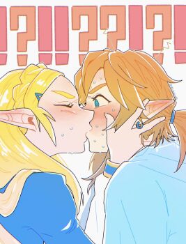 !? 1boy 1girl aqua_eyes assertive_female blonde_hair blue_shirt blue_tunic blush braid closed_eyes commentary_request crown_braid earrings furrowed_brow hair_between_eyes hair_ornament hair_tie hairclip hetero highres jewelry kiss link looking_at_another low_ponytail nintendo parted_bangs pointy_ears ponytail princess_zelda shirt sidelocks sweat sweatdrop the_legend_of_zelda the_legend_of_zelda:_breath_of_the_wild tunic twitter_username upper_body white_background yuki_sasame00