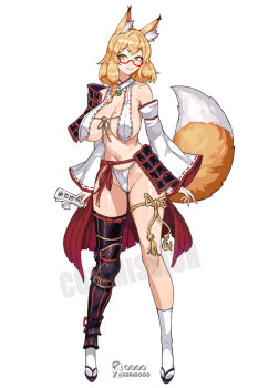1girl animal_ear_fluff animal_ears armor between_fingers blonde_hair braid breast_curtains breasts cleavage commentary commission detached_sleeves english_commentary fox_ears fox_girl fox_tail full_body fundoshi hakama highres holding holding_ofuda huge_breasts japanese_armor japanese_clothes kote kusazuri leg_ribbon looking_at_viewer medium_hair mole mole_on_breast navel nontraditional_miko ofuda ofuda_between_fingers original red-framed_eyewear red_hakama revealing_clothes ribbon ribbon-trimmed_sleeves ribbon_trim rioooo rope semi-rimless_eyewear side_braid signature smile socks solo suneate tachi-e tail thigh_ribbon twitter_username white_socks wide_sleeves
