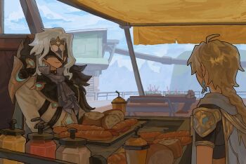 2boys aether_(genshin_impact) aqua_hair armor ascot blonde_hair blue_ascot blue_sky bread coat cup dottore_(genshin_impact) food genshin_impact hashtag-only_commentary highres long_hair looking_at_another mask medium_hair multiple_boys pauldrons scarf shoulder_armor single_pauldron sitting sky white_coat white_scarf yotta701