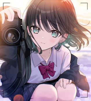 1girl black_hair black_jacket black_skirt blush bow breasts camera closed_mouth collarbone collared_shirt commentary_request green_eyes highres holding holding_camera jacket long_sleeves looking_at_viewer open_clothes open_jacket original red_bow school_uniform shirt short_hair skirt solo squatting viewfinder white_shirt yukimaru_nun