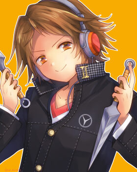 Rule 34 | >:), 1boy, asaho, black jacket, blush, brown eyes, brown hair, closed mouth, collarbone, commentary request, dual wielding, hanamura yousuke, hands up, headphones, highres, holding, holding kunai, holding weapon, jacket, kunai, long sleeves, looking at viewer, male focus, outline, parted bangs, persona, persona 4, school uniform, short hair, simple background, smile, smug, solo, spiked hair, split mouth, upper body, v-shaped eyebrows, weapon, white outline, yasogami school uniform, yellow background