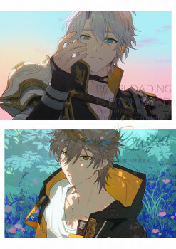 2boys antenna_hair armor artist_name black_choker black_coat blue_eyes blue_flower blue_sky border caelus_(honkai:_star_rail) choker closed_mouth cloud cloudy_sky coat collarbone commentary_request day diamond-shaped_pupils diamond_(shape) fingernails flower gradient_sky grass grey_hair hair_between_eyes hand_up honkai:_star_rail honkai_(series) hood hooded_coat lapels looking_at_another male_focus multiple_boys neck_tattoo open_clothes open_coat outdoors phainon_(honkai:_star_rail) pink_flower pink_sky rowya shirt short_hair shoulder_armor sky smile sun_symbol sun_tattoo symbol-shaped_pupils t-shirt tan tattoo teeth trailblazer_(honkai:_star_rail) two-sided_coat two-sided_fabric upper_body watermark white_border white_shirt yellow_coat yellow_eyes