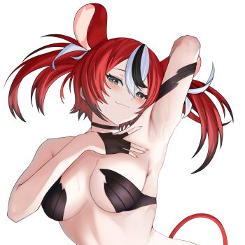 1girl :3 animal_ears arm_up armpits black_bra black_choker black_gloves black_hair black_streaks blue_eyes bra breasts choker colored_tips extra_ears fingerless_gloves gloves hakos_baelz half_gloves highres hololive hololive_english looking_at_viewer medium_breasts mouse_ears mouse_girl mouse_tail multicolored_hair red_hair si_farid simple_background solo strapless strapless_bra streaked_hair tail twintails underwear uneven_twintails upper_body virtual_youtuber white_background white_streaks