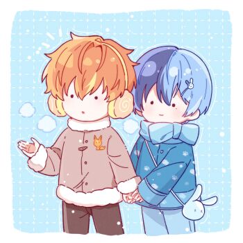 Rule 34 | 2boys, aoyagi touya, ariescoooooooo, bag, blonde hair, blue bag, blue hair, blue pants, blue scarf, brown pants, closed mouth, commentary request, earmuffs, hand up, highres, holding hands, jacket, long sleeves, male focus, mole, mole under eye, multicolored hair, multiple boys, notice lines, orange hair, outstretched hand, pants, project sekai, scarf, shinonome akito, short hair, shoulder bag, smile, snow, split-color hair, streaked hair, two-tone hair, winter clothes, yaoi