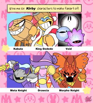 absurdres armor butterfly_wings character_name drawcia galaxia_(sword) gloves hat highres holding holding_sword holding_weapon insect_wings kabula king_dedede kirby:_canvas_curse kirby_(series) kirby_star_allies looking_at_viewer mask meta_knight morpho_knight multiple_drawing_challenge nintendo pauldrons pink_background pom_pom_(clothes) shoulder_armor signature six_fanarts_challenge star_(symbol) sword teeth uncle_forest void_(kirby) void_soul void_termina void_termina_(final_core) weapon white_gloves wings witch_hat yellow_eyes yellow_gloves