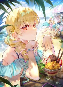 1boy 2girls alternate_costume beach blonde_hair bracelet crab drill_hair erika_wagner food hair_between_eyes highres holding holding_spoon ice_cream ice_cream_cone jewelry londrekia_light long_hair looking_at_viewer mika_returna multiple_girls open_mouth outdoors qitoli red_eyes short_hair short_twintails spoon sundae sweater twin_drills twintails under_night_in-birth white_hair