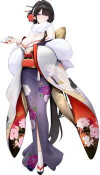 1girl animal_print black_hair breasts cleavage cup earrings floral_print flower flower_ornament full_body game_cg hair_between_eyes hair_flower hair_ornament hairpin highres hinomiya_shion holding holding_cup japanese_clothes jewelry kimono large_breasts long_hair looking_at_viewer non-web_source off_shoulder okobo platform_sandals poker_fate print_kimono purple_eyes purple_kimono red_flower red_nails red_rose rose sakazuki sandals scarf smile socks solo stud_earrings very_long_hair white_scarf white_socks yukata