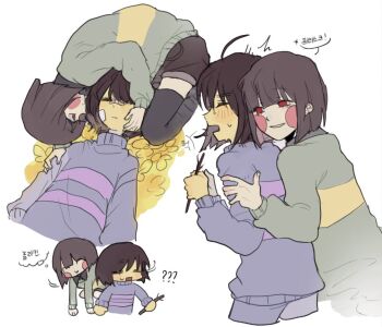 2others ? ?? ^^^ ahoge animification bandaid bandaid_on_cheek bandaid_on_face bandaid_on_nose black_shirt black_thighhighs blunt_ends blush brown_hair brown_shorts chara_(undertale) closed_eyes closed_mouth collared_shirt colored_skin commentary_request cowboy_shot empty_eyes field fingernails flower flower_field flying frisk_(undertale) green_sweater hair_between_eyes half-closed_eyes hand_on_another&#039;s_face hands_up holding holding_stick korean_commentary korean_text long_sleeves looking_at_another lying multiple_others multiple_views on_back on_side open_clothes open_mouth other_focus other_with_other pale_skin puffy_long_sleeves puffy_sleeves purple_shorts purple_sweater red_eyes shirt short_hair shorts simple_background single_stripe smile speech_bubble standing stick striped_clothes striped_sweater sweat sweater teeth thighhighs thought_bubble turtleneck turtleneck_sweater undertale upper_body utdr_(toby_fox) white_background yellow_flower yellow_skin yx_won2