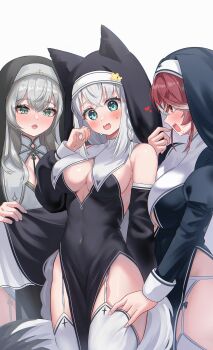 3girls absurdres alternate_costume animal_ears aqua_eyes bare_shoulders black_dress blush braid breast_curtain breasts chestnut_mouth clothing_cutout collar commentary_request covered_navel crossed_bangs detached_collar detached_sleeves double-parted_bangs dress drooling embarrassed fox_ears fox_girl fox_tail garter_belt green_eyes grey_hair habit hair_between_eyes hand_in_thighhighs high_collar highres hololive houshou_marine houshou_marine_(nun) jewelry knees_out_of_frame kumarang large_breasts legwear_garter long_hair long_sleeves looking_at_another looking_down low_ponytail medium_breasts multicolored_hair multiple_girls necklace no_bra nun official_alternate_costume official_alternate_hairstyle open_mouth pelvic_curtain ponytail puffy_long_sleeves puffy_sleeves red_eyes red_hair revealing_clothes shirakami_fubuki shirogane_noel shirogane_noel_(battle_nun) shirogane_noel_(nun) side_braid side_slit simple_background sleeve_cuffs sleeveless sleeveless_dress standing streaked_hair sweatdrop tail thighhighs thighs underboob_cutout virtual_youtuber white_background white_collar white_garter_belt white_hair white_thighhighs