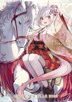 1girl 2026 absurdres animal_ears black_shoes character_request commentary english_commentary floral_print floral_print_kimono hair_ornament hakama hakama_skirt happy_new_year highres horse horse_ears horse_girl horse_tail japanese_clothes kimono long_hair looking_at_viewer new_year open_mouth pink_kimono print_kimono red_hakama risumi_(taka-fallcherryblossom) shirt shoes simple_background skirt tail thighhighs umamusume white_hair white_shirt white_thighhighs yellow_eyes