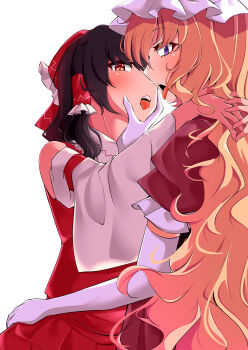 Rule 34 | 2girls, absurdres, black hair, blonde hair, bow, commentary request, detached sleeves, elbow gloves, frilled bow, frilled hair tubes, frills, gloves, hair tubes, hakurei reimu, hat, highres, long hair, looking at viewer, mob cap, mokutan (link machine), multiple girls, open mouth, red shirt, red skirt, shirt, simple background, skirt, tongue, tongue out, touhou, white background, white gloves, white hat, white sleeves, yakumo yukari, yuri