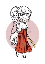 Rule 34 | 1girl, absurdres, arms behind backchibi, chibi, chinese clothes, earrings, fatrabbitr, full body, hair ornament, hanfu, high heels, highres, jewelry, long hair, looking at viewer, ponytail, pyrrha nikos, red skirt, rwby, rwby chibi, shirt, side ponytail, skirt, smile, solo, very long hair