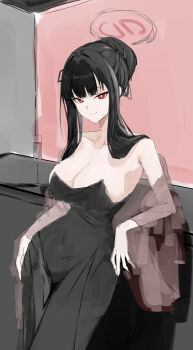 1girl absurdres black_dress black_hair blue_archive breasts chignon dress hair_ornament halo highres icetabetaaii large_breasts leaning long_hair looking_at_viewer nail_polish official_alternate_costume official_alternate_hairstyle red_eyes rio_(blue_archive) rio_(dress)_(blue_archive) sketch smile solo