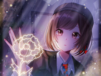 1girl against_glass braid brown_eyes brown_hair collared_shirt commentary_request drawn_flower earrings hair_ribbon hand_on_glass hat highres jewelry knowing_the_unseen_(project_sekai) medium_hair necktie portrait project_sekai ribbon shinonome_ena shiraruri shirt short_hair solo swept_bangs water_drop window