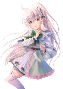 1girl :d ahoge animal animal_on_shoulder arisya_(vtuber) belt bird bird_on_shoulder black_belt blush bow bowtie braid brown_eyes capelet commentary_request commission dress eyelashes eyes_visible_through_hair feathers feet_out_of_frame floating_hair frilled_dress frilled_sleeves frills goto_p green_bow green_bowtie green_dress green_ribbon hair_between_eyes hair_bow hair_ribbon hands_up highres indie_virtual_youtuber long_hair long_sleeves looking_at_viewer open_mouth ponytail ribbon ribbon-trimmed_thighhighs ribbon_braid ribbon_trim simple_background single_braid skeb_commission smile solo standing straight_hair teeth thighhighs two-tone_dress upper_teeth_only very_long_hair virtual_youtuber white_background white_bird white_capelet white_dress white_feathers white_hair white_thighhighs zettai_ryouiki