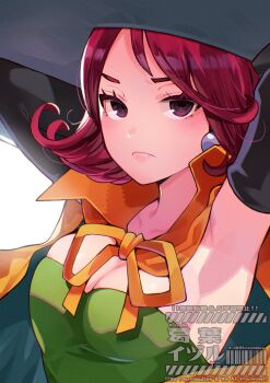 1girl armpits arms_behind_back black_hat blush breasts closed_mouth commentary_request curly_hair dragon_quest dragon_quest_iii eyelashes frown hat highres kuzuno_ha large_breasts looking_at_viewer mage_(dq3) red_eyes red_hair solo watermark witch_hat