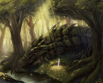Rule 34 | bad id, dragon, fantasy, forest, kitiroku, nature, no humans, original, planted sword, planted, scenery, sleeping, sword, tree, weapon