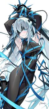 1girl armpits arms_up bare_shoulders black_bow black_gloves blue_eyes blue_ribbon blush bodystocking bow braid breasts chain clenched_teeth collar cuffs elbow_gloves eyepatch fate/grand_order fate_(series) gloves grey_hair hair_bow highres kousaki_rui large_breasts long_hair looking_at_viewer morgan_le_fay_(fate) ponytail ribbon shackles sidelocks solo spikes teeth thighs very_long_hair