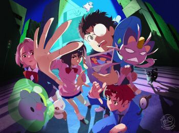 2boys 2girls ayase_momo blue_suit bow bowtie brown_hair character_request commentary cubone dandadan english_commentary enjoji_jin formal_clothes full_body gen_1_pokemon gen_2_pokemon glasses hair_between_eyes highres medium_hair meowth miltank multiple_boys multiple_girls nintendo open_mouth pink_hair pink_sweater pokemon red_bow red_bowtie school_uniform shadow shiratori_aira_(dandadan) startboii suit sweater takakura_ken_(dandadan) watermark