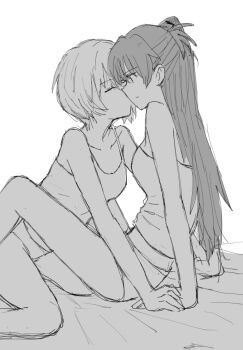2girls ayanami_rei greyscale hand_on_another&#039;s_hand kiss kissing_cheek long_hair monochrome multiple_girls mutsu_(layergreen) neon_genesis_evangelion on_bed panties short_hair simple_background sketch souryuu_asuka_langley tank_top underwear white_background yuri