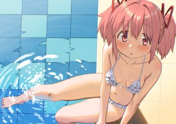 1girl :o barefoot bikini blush breasts cocoa_(ultra_mdk) collarbone commentary foot_out_of_frame frilled_bikini frills hair_between_eyes highres kaname_madoka loli looking_at_viewer mahou_shoujo_madoka_magica mahou_shoujo_madoka_magica_(anime) navel open_mouth pink_eyes pink_hair pool poolside short_hair short_twintails sitting small_breasts soaking_feet solo swimsuit twintails water white_bikini