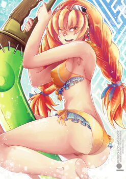 1girl absurdres aika_(eternal_arcadia) ass bikini braid breasts butt_crack eternal_arcadia gensox goggles goggles_on_head highres legs medium_breasts orange_hair sega swimsuit thighs twin_braids