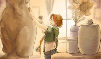 1girl blue_pants body_freckles braid braided_ponytail commentary english_commentary floop249 flower freckles from_side green_shirt hammer highres holding holding_hammer indoors leah_(stardew_valley) long_hair midriff open_mouth orange_hair pants profile purple_eyes sculpting sculpture shirt short_sleeves smile solo stardew_valley sunflower suspenders table very_long_hair window yellow_flower