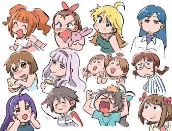 Rule 34 | > <, 6+girls, :3, ahoge, akizuki ritsuko, amami haruka, arms behind head, blonde hair, blue hair, bow, braid, braided twintails, brown eyes, brown hair, closed eyes, cute &amp; girly (idolmaster), food, futami ami, futami mami, ganaha hibiki, green eyes, grey hair, hagiwara yukiho, hair bow, hairband, holding, holding stuffed toy, hoshii miki, idolmaster, idolmaster (classic), idolmaster 1, kikuchi makoto, kisaragi chihaya, long hair, looking at viewer, minase iori, miura azusa, multiple girls, multiple hair bows, noodles, official alternate costume, open mouth, orange hair, red bow, shijou takane, shirt, short hair, simple background, slurping, smile, snow strawberry (idolmaster), stuffed animal, stuffed rabbit, stuffed toy, takatsuki yayoi, tsubobot, twintails, usa-chan (idolmaster), white background, white shirt
