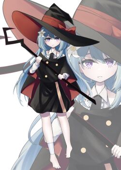 Rule 34 | 1girl, absurdres, bare shoulders, barefoot, black capelet, black hat, black skirt, blue hair, bow, capelet, center frills, collared shirt, commentary request, eyebrows hidden by hair, frills, griseo, hair between eyes, hat, hat bow, highres, holding, holding staff, honkai (series), honkai impact 3rd, long hair, long sleeves, puffy long sleeves, puffy sleeves, purple eyes, red bow, shirt, simple background, skirt, smile, solo, staff, standing, usatoto 1, very long hair, white background, white shirt, witch hat, zoom layer