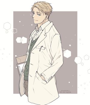 1boy blonde_hair blue_eyes border brown_background brown_pants clipboard closed_mouth collared_shirt commentary_request cowboy_shot cropped_legs dated green_sweater hand_in_pocket highres holding holding_clipboard jacket lab_coat light_smile male_focus object_in_pocket pants parted_bangs pen_in_pocket pocket shirt shirt_under_sweater short_hair solo spy_x_family sweater takehide twilight_(spy_x_family) twitter_username white_border white_jacket white_shirt