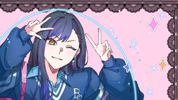 1girl arm_up black_hair blue_hair chako_(chaaaaa_1001) closed_mouth collared_shirt commentary_request earrings fingernails gradient_hair hand_up highres jewelry layered_clothes long_hair long_sleeves looking_at_viewer multicolored_hair official_alternate_costume one_eye_closed orange_eyes pink_background project_sekai shiraishi_an shirt smile solo sparkle two-tone_hair upper_body v v-neck w wing_collar