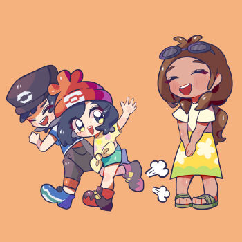 1boy 2girls alola_mother aqua_shorts black-framed_eyewear black_hair black_hat black_shoes blue_shoes blush blush_stickers brown_hair closed_eyes commentary dark-skinned_female dark_skin deformed elio_(pokemon) english_commentary eyelashes eyewear_on_head floral_print green_sandals grey_eyes grey_pants hat highres long_hair mother_and_daughter mother_and_son multiple_girls nintendo open_mouth orange_background own_hands_together pants pokemon pokemon_sm ponytail red_hat running sandals selene_(pokemon) shirt shoes short_hair short_sleeves shorts simple_background skirt smile sunglasses user_vrme3225 waving yellow_shirt yellow_skirt