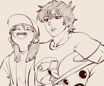 Rule 34 | 1boy, 1girl, :d, ^ ^, arm on another's shoulder, arm over shoulder, baseball cap, buc-ee's, buc-ee's beaver, closed eyes, collarbone, commentary, drawegg, english commentary, grappler baki, hair over shoulder, hanma baki, hat, high contrast, lineart, long hair, mascot costume, mascot head, mole, mole above mouth, monochrome, name connection, open mouth, parted lips, real life, short hair, short sleeves, simple background, smile, uehara wakana, upper body, white background