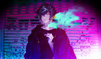 Rule 34 | 1boy, absurdres, black hair, cigarette, colored smoke, colored tips, hair over one eye, highres, holding, holding cigarette, jacket, kurosawa (adelta), long sleeves, looking at viewer, male focus, multicolored hair, road, scar, scar on face, shirt, short hair, slow damage, smoke, street, towa (slow damage), yellow eyes