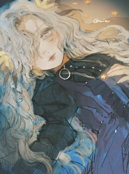 1girl black_dress dress flower grey_eyes grey_hair hair_flower hair_ornament hair_over_one_eye highres isekaijoucho kamitsubaki_studio light_smile long_hair looking_at_viewer lying on_back orie_h sketch solo