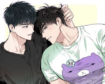 Rule 34 | 2boys, animal print, bear print, black eyes, black hair, black shirt, blush, choi wonjun (mang-jong), commentary, couple, covered pectorals, eye contact, hand on another's head, head on another's shoulder, highres, hkmi, kim ieum (mang-jong), large pectorals, leaning on person, looking at another, male focus, mang-jong, multiple boys, muscular, muscular male, official art, open mouth, pectorals, print shirt, shirt, short hair, short sleeves, side-by-side, simple background, skull print, taut clothes, upper body, white shirt, yellow background