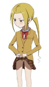 1girl blonde_hair blush brown_eyes brown_jacket brown_skirt clothes_lift embarrassed feet_out_of_frame female_focus hagimura_suzu highres jacket lifting_own_clothes loli long_sleeves looking_to_the_side plaid_clothes plaid_skirt pleated pleated_skirt pussy school_uniform seitokai_yakuindomo shirt simple_background skirt skirt_lift solo standing white_background white_shirt yellow_eyes