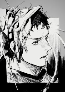 1boy akawakesen from_side greyscale gundam gundam_hathaway's_flash hatching_(texture) hathaway_noa highres linear_hatching looking_ahead mecha mobile_suit monochrome parted_lips profile robot science_fiction short_hair v-fin xi_gundam
