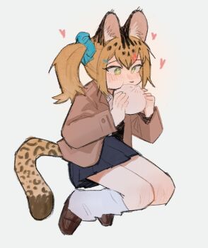 Rule 34 | 1girl, absurdres, akiko (vakiko6), animal ear fluff, animal ears, animal nose, black hair, blazer, blonde hair, commentary, cross-shaped pupils, eating, english commentary, food, full body, green eyes, hair ornament, hair scrunchie, hairclip, heart, highres, holding, holding food, jacket, leg warmers, leopard ears, leopard girl, leopard tail, long sleeves, multicolored hair, open clothes, open jacket, original, pleated skirt, school uniform, scrunchie, side ponytail, skirt, solo, steamed bun, symbol-shaped pupils, tail