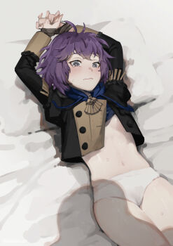1girl arms_tied_above_head bdsm bernadetta_von_varley blush bondage bound bound_wrists commentary doehorn fire_emblem fire_emblem:_three_houses garreg_mach_monastery_uniform grey_eyes highres hood hood_down loli long_sleeves looking_at_viewer midriff navel nintendo panties pov purple_hair short_hair solo unbuttoned underwear wavy_mouth white_panties