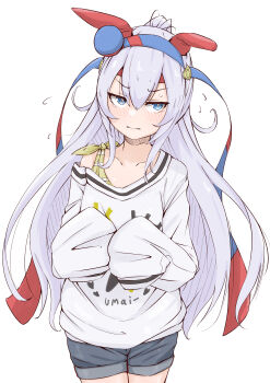 1girl absurdres alternate_hairstyle animal_ears averting_eyes baggy_clothes blue_eyes blue_hairband blush casual closed_mouth clothes_writing commentary_request cowboy_shot double-parted_bangs ear_covers ears_down embarrassed facing_viewer flying_sweatdrops frown furrowed_brow grey_hair grey_shorts hairband headband highres horse_ears horse_girl leaning_to_the_side legs_together long_hair loose_clothes loose_shirt multicolored_hairband own_hands_together red_hairband red_headband shijimi_(sijimi1917) shirt shorts sideways_glance simple_background single_off_shoulder sleeves_past_fingers sleeves_past_wrists solo standing straight-on striped_clothes striped_hairband sweatdrop tamamo_cross_(casual)_(umamusume) tamamo_cross_(umamusume) two-tone_hairband umamusume very_long_hair white_background white_shirt wide_ponytail