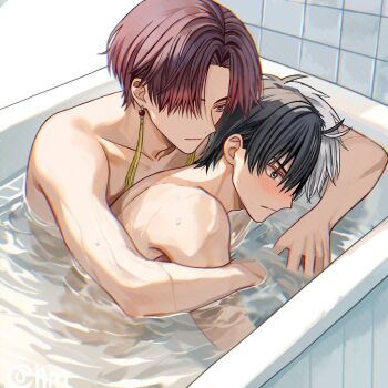 2boys bath bathing bathtub black_eyes black_hair earrings grey_hair hair_over_one_eye hyohls2_(hamao3o) jewelry male_focus multicolored_hair multiple_boys nude red_eyes red_hair sakura_haruka_(wind_breaker) same-sex_bathing shared_bathing short_hair suo_hayato topless_male two-tone_hair water white_hair wind_breaker_(nii_satoru) yaoi