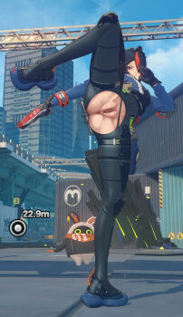 1girl allanel anus bangboo_(zenless_zone_zero) black_hair black_pants full_body game_screenshot_background high_kick highres kicking multicolored_hair orange_hair outdoors pants police police_uniform pussy screenshot_background solo_focus standing standing_on_one_leg torn_clothes torn_pants two-tone_hair zenless_zone_zero zhu_yuan