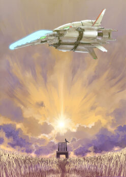 bird canopy_(aircraft) chair clip_studio_paint_(medium) cloud commentary_request flying from_below glowing hamushima irem military_vehicle r-90_ragnarok r-type science_fiction sky spacecraft starfighter sun sunset thrusters vehicle_focus weapon wheat_field yellow_sky