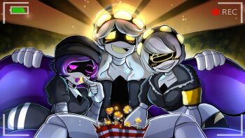 1boy 2girls :3 beanie_hat blush breasts choker coat food glitch_productions hat hood hoodie hot_dog medium_breasts multiple_girls murder_drones n_(murder_drones) no_humans one_eye_closed popcorn purple_eyes purple_hair robot sexually_suggestive uzi_(murder_drones) v_(murder_drones) wink yellow_eyes