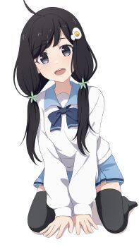 1girl absurdres ahoge araragi_tsukihi between_legs black_eyes black_hair black_thighhighs blue_bow blue_bowtie blue_collar blue_skirt bow bowtie collar egg_hair_ornament flower_hairtie food-themed_hair_ornament hair_ornament hand_between_legs highres kneeling long_hair long_sleeves looking_at_viewer low_twintails monogatari_(series) na-suke open_mouth school_uniform shirt simple_background skirt smile solo teeth thighhighs tsuganoki_second_junior_high_school_uniform twintails upper_teeth_only white_background white_shirt